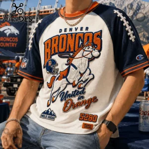 Denver Broncos 5280 Mile High embroidered shirt featuring a white base, navy sleeves, and orange logo text.