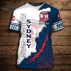 Sydney Roosters NRL Navy White Shirt featuring the team logo, bold vertical lettering, and a red rugby ball lace graphic.