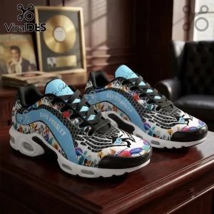 Elvis Presley Lightweight Casual Air Max Plus sneakers featuring floral patterns, black mesh, and blue branding details.
