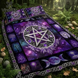 Witchcraft Pentagram Purple Galaxy Bedding Set featuring a large central pentagram, moon phases, and celtic knot patterns.
