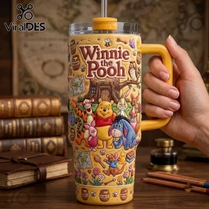 Winnie the Pooh Yellow 40oz Tumbler with handle featuring illustrated Hundred Acre Wood characters like Piglet, Tigger, and Eeyore.