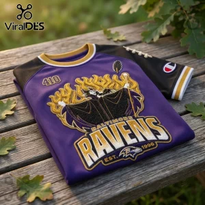Maleficent x Baltimore Ravens embroidered purple shirt featuring gold flames, the number 410, and team branding on wood.