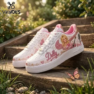 Custom Dolly Parton Pink Air Force 1 Sneakers featuring a glittery guitar, microphone, and lyrics on a white leather base.
