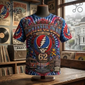 Grateful Dead Haight Ashbury 1965-2027 Anniversary Shirt with red, white, and blue tie-dye and vintage graphic prints.