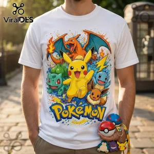 Pokemon Mixed Characters White Cotton T-Shirt featuring Charizard, Pikachu, Bulbasaur, Squirtle, and Eevee graphic print.