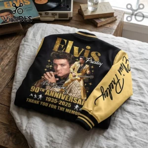 Elvis Presley 90th Anniversary Black Gold Baseball Jacket with gold lettering, vintage portrait, and guitar graphic.