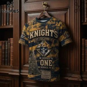 NRL Knights of Columbus Patriotic Knight T-Shirt featuring gold and navy grunge patterns, cathedral art, and fraternity text.