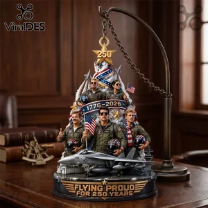 Top Gun Flying Proud 250 Years Resin Christmas Ornament featuring five fighter pilots, a jet, and a 1776-2026 banner.