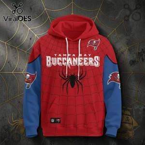 Tampa Bay Buccaneers x Spider-Man Brand New Day hoodie featuring a red and blue design with web patterns and team logos.