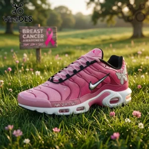 Breast Cancer Awareness Fight Like A Girl Air Max Sneakers in pink with white sole, butterfly charm, and grass background.