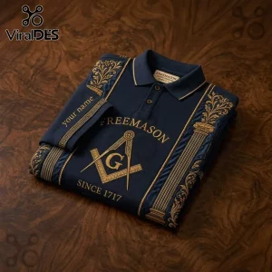 Freemason Custom Embroidered Polo Shirt in navy blue featuring gold Masonic square, compass, and pillar detailing.