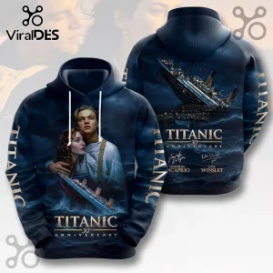 Titanic 30th Anniversary Movie Navy Blue Pullover Hoodie with cinematic graphics of the ship, Jack, and Rose portraits.
