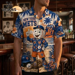 New York Mets Mascot Floral Hawaiian Shirt in blue and orange with Mr. Met cartoon, beach scenery, and baseball graphics.