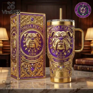 Omega Psi Phi Violet and Gold Bulldog YETI Handle Tumbler with ornate metal detailing, matching box, and greek lettering.