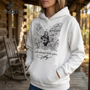 Dolly Parton Signature Tribute Pullover Hoodie in white with a black butterfly graphic featuring a guitar and country motifs.