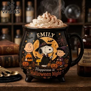 Peanuts Snoopy Halloween Black Cauldron Ceramic Coffee Mug featuring Charlie Brown, Snoopy, and Lucy against a moon background.