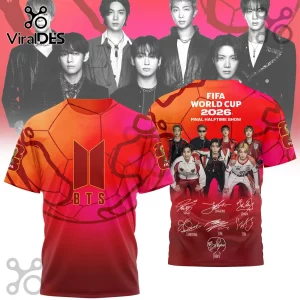 BTS FIFA World Cup 2026 pullover hoodie featuring red and orange soccer-themed graphics, group portraits, and signatures.