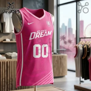 Atlanta Dream Pink Breast Cancer Awareness basketball jersey with white details and player number 00 on a mannequin.