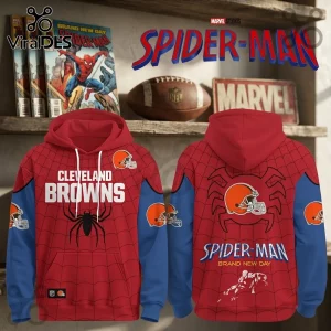 Cleveland Browns x Spider-Man Brand New Day Hoodie featuring red and blue spider-web patterns and NFL team logos.