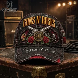 Guns N' Roses Vintage Distressed Embroidered Baseball Cap featuring gold lettering, crossed revolvers, and red roses.
