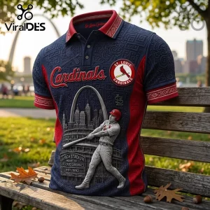 St. Louis Cardinals Busch Stadium polo shirt featuring a batter graphic, team logos, and blue and red patterned fabric.
