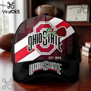 Ohio State Buckeyes Rose Logo Baseball Cap featuring scarlet block lettering, a red rose, and diagonal white stripes.