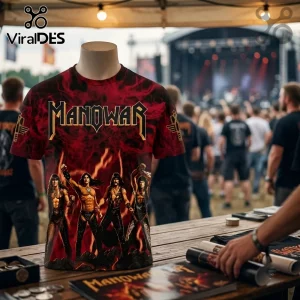 Manowar 2027 World Tour red flame hoodie featuring band members, bold text logo, and fire graphic on a display mannequin.