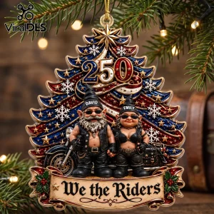 Personalized Biker Gnome Couple 250 Christmas ornament with two leather-clad gnomes, motorcycle, and holiday tree backdrop.