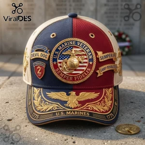 US Marine Corps Veteran Semper Fidelis baseball cap with gold eagle emblem, red and blue panels, and military patches.