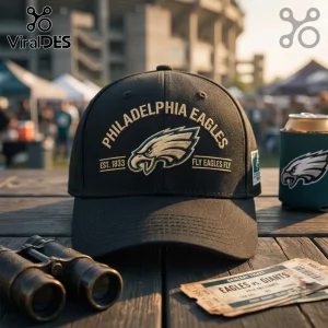 NFL Philadelphia Eagles Fly Eagles Fly baseball cap in black with gold embroidered team name and iconic eagle logo.