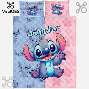 Personalized Stitch Ohana Blue Pink Bedding Set featuring a quilt and pillowcase with custom name Jennifer.