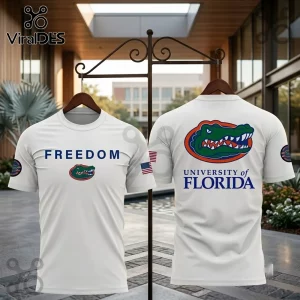 University of Florida Freedom White T-Shirt featuring front text, Florida Gator logo, and US flag patch on the sleeve.