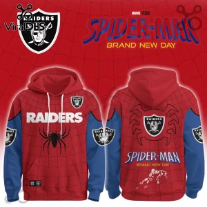 Las Vegas Raiders x Spider-Man Brand New Day Hoodie featuring red and blue web patterns with Raiders and Spider-Man logos.