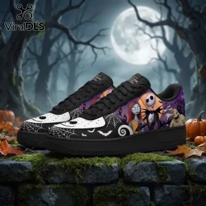 The Nightmare Before Christmas Gothic Halloween Air Force Sneakers featuring Jack Skellington, Sally, and spiderweb patterns.