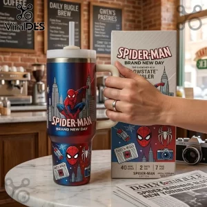 Marvel Spider-Man Brand New Day 40oz Stanley Tumbler featuring New York city graphics and character logos on a red base.