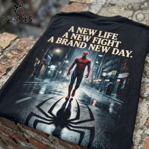Spider-Man Brand New Day Limited Edition Shirt featuring Spider-Man walking on a rainy city street with a giant spider logo.