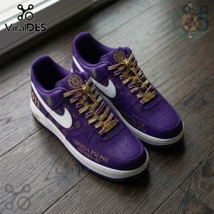 Omega Psi Phi Fraternity Purple Air Force 1 Sneaker with gold laces, white swoosh, and 1911 branding on wooden floor.