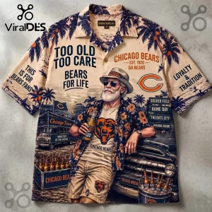 Chicago Bears Da Bears Tropical Hawaiian Shirt featuring a bearded man, palm trees, vintage car, and team graphics.