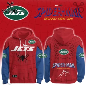 New York Jets x Spider-Man Brand New Day Hoodie featuring red spiderweb patterns, blue accents, and official team logos.