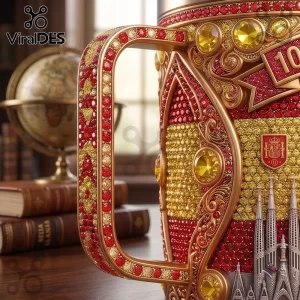 Spain National Football Team 106th Anniversary Stanley Tumbler featuring red and gold textures, gems, and Spanish emblems.