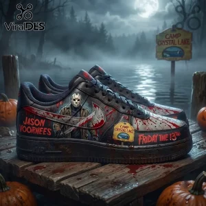 Jason Voorhees Horror Movie Custom Air Force 1 Shoes featuring blood splatters, a hockey mask, and Camp Crystal Lake imagery.
