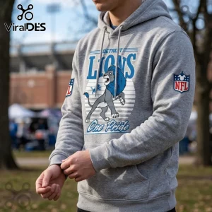 Disney x Detroit Lions 2026 Gray Pullover Hoodie featuring a roaring lion graphic, blue text, and official NFL branding.