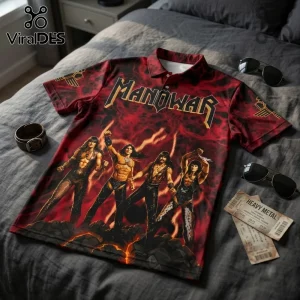 Manowar Red Flame World Tour 2027 Polo Shirt featuring band members over a fiery red background and black rock base.