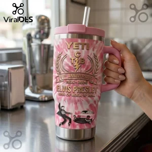 Elvis Presley 91st Anniversary Pink Stanley Tumbler with pink tie-dye pattern, logo, car, and dancing Elvis graphic.