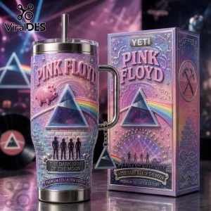 Pink Floyd Dark Side of the Moon Embossed 40oz Tumbler with prism artwork, pink pig, and matching YETI branded packaging.