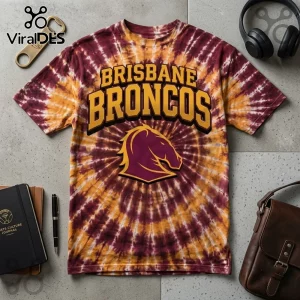 Brisbane Broncos NRL Mascot Tie Dye Shirt featuring a maroon and gold spiral pattern with team logo text and horse graphic.