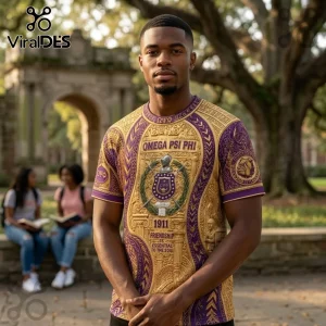 Omega Psi Phi 1911 Gold and Purple Shirt featuring crests, Greek lettering, and a bulldog graphic on a crewneck design.