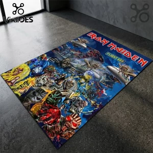 Iron Maiden Flight 666 Eddie Montage Rectangular Rug featuring a blue sky background with the band mascot in various forms.