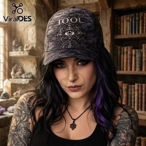 Tool Mystic Eye Camouflage Baseball Cap with purple and black camo pattern, featuring the band logo and sacred geometry.
