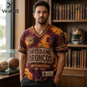 Brisbane Broncos 38th Anniversary Distressed Shirt in maroon and gold with weathered texture and V-neck rugby style trim.